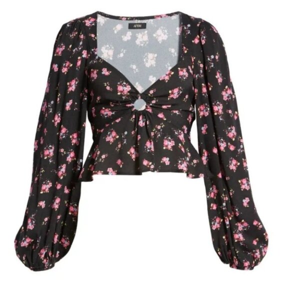 NEW AFRM Hart Floral Print Peplum Cutout Top Bohemian Nordstrom Bell Sleeve Boho - Picture 3 of 15